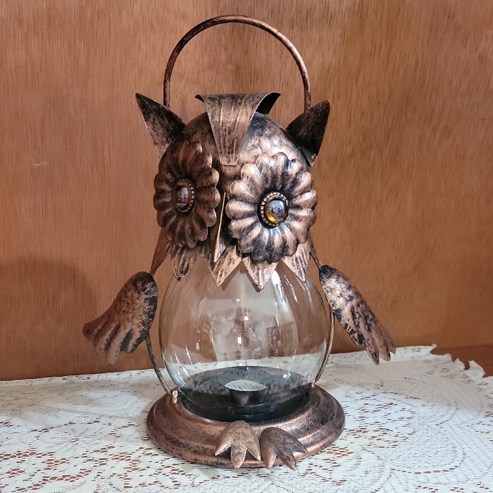 Rustic Owl Tea Light Holder Lantern with Bronze Finish